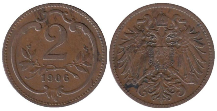  Австрия. 2 геллера 1906 год. 