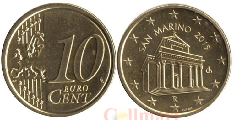  Сан-Марино. 10 евроцентов 2015 год. Базилика Сан-Марино. (BU) 