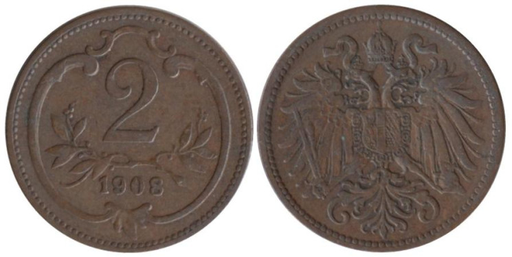  Австрия. 2 геллера 1908 год. 