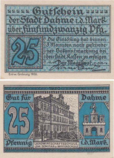  Бона. Германия. Даме (Марк) 25 пфеннигов 1920 год. Нотгельд. (XF) 