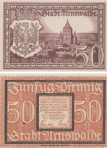  Бона. Германия (Польша). Арнсвальде (Хощно) 50 пфеннигов 1920 год. Нотгельд. (XF) 