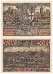 Бона. Германия. Айзенах (Эйзенах) 50 пфеннигов 1921 год. Панорамный вид города Айзенах, без литеры. (XF)