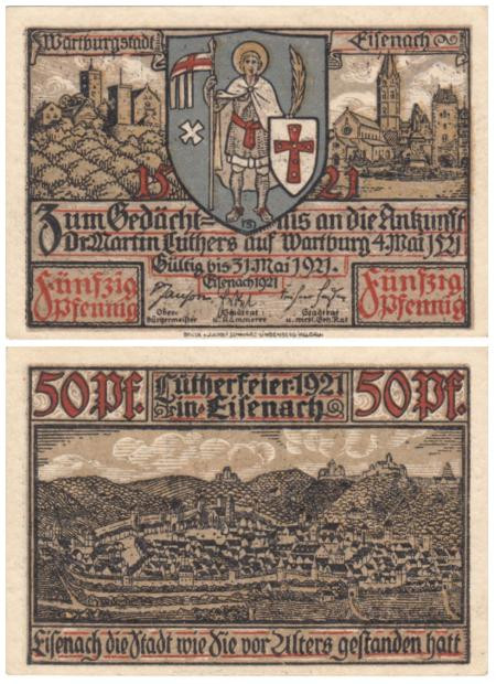  Бона. Германия. Айзенах (Эйзенах) 50 пфеннигов 1921 год. Панорамный вид города Айзенах, без литеры. (XF) 