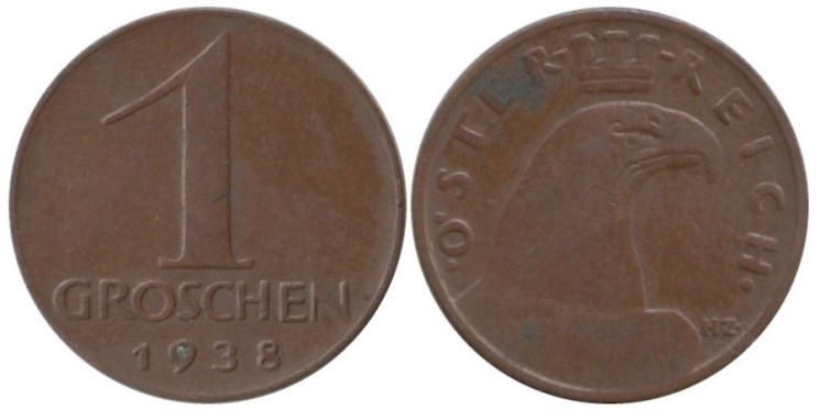  Австрия. 1 грош 1938 год. 