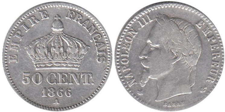  Франция. 50 сантимов 1866 год. Наполеон III. (А) 