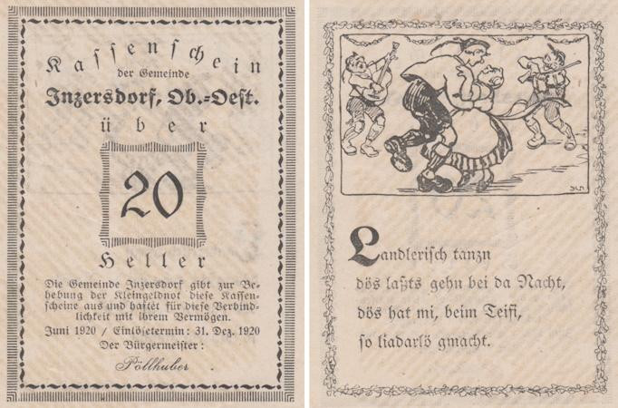  Бона. Австрия. Инцерсдорф 20 геллеров 1920 год. Нотгельд. (XF) 