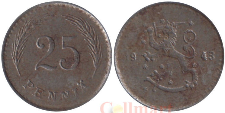  Финляндия. 25 пенни 1943 год. Герб. (железо) 
