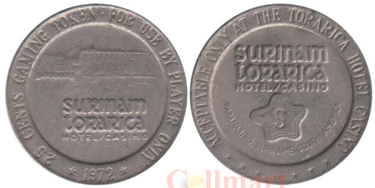  Суринам. Жетон казино 25 центов 1972 год. Отель Torarica and Casino в Парамарибо. 