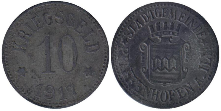 Германия. Пфаффенхофен-на-Ильме. 10 пфеннигов 1917 год. Нотгельд. 