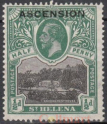 Марка. Остров Вознесения 1922 год. Надпечатка на марке острова Святой Елены. Дом правительства.