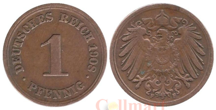 Германская империя. 1 пфенниг 1908 год. (F) 