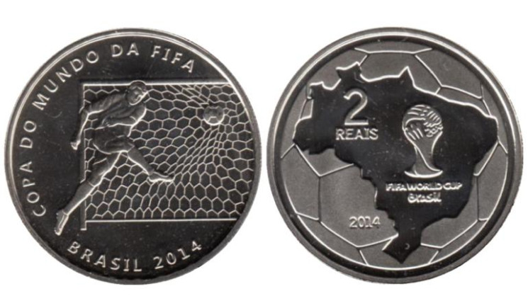  Бразилия. 2 реала 2014 год. Чемпионат мира по футболу 2014 - Удар по воротам. 