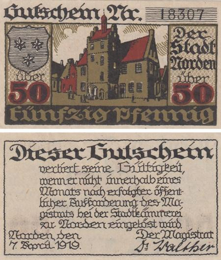  Бона. Германия. Норден 50 пфеннигов 1919 год. Нотгельд. (XF) 