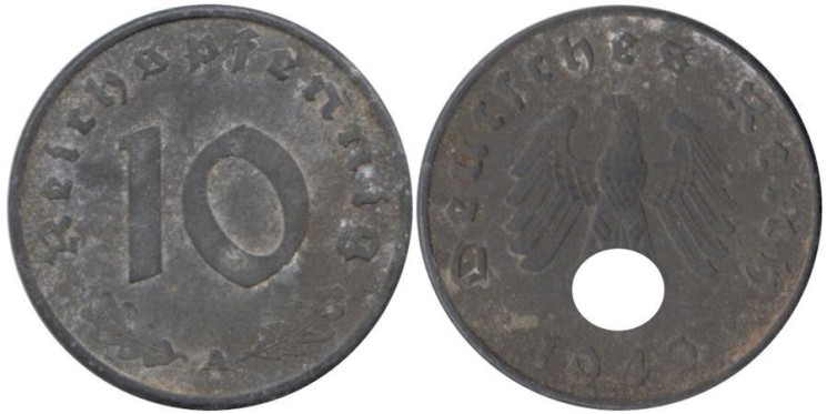  Германия - Третий рейх. 10 рейхспфеннигов 1943 год. (A) 