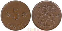 Финляндия. 5 пенни 1937 год. Герб.