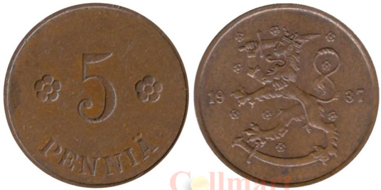  Финляндия. 5 пенни 1937 год. 