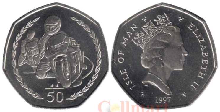  Остров Мэн. 50 пенсов 1997 год. Мотогонки "Tourist Trophy". (маленькая монета) 
