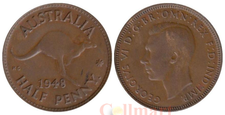  Австралия. 1/2 пенни 1948 год. Кенгуру. (точка после "PENNY") 