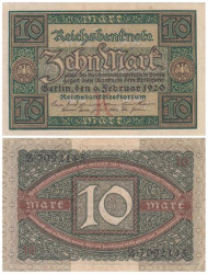 Бона. Германия (Веймарская республика) 10 марок 1920 год. (с фоновой буквой К). (VF)