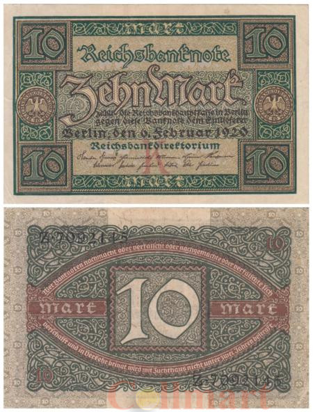  Бона. Германия (Веймарская республика) 10 марок 1920 год. (с фоновой буквой К). (VF) 