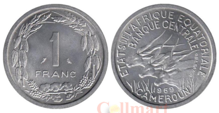  Экваториальная Африка. Камерун. 1 франк 1969 год. Африканские антилопы. 
