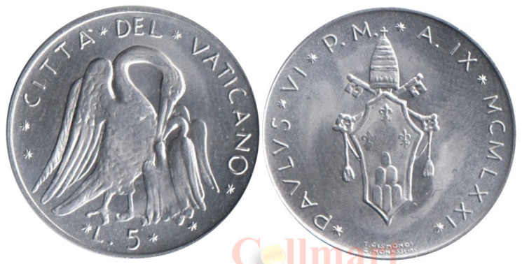  Ватикан. 5 лир 1971 (MCMLXXI) год. Пеликан с птенцами. 