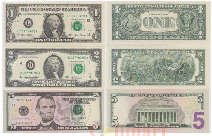  Набор банкнот. США 1,2,5 долларов. (XF) 