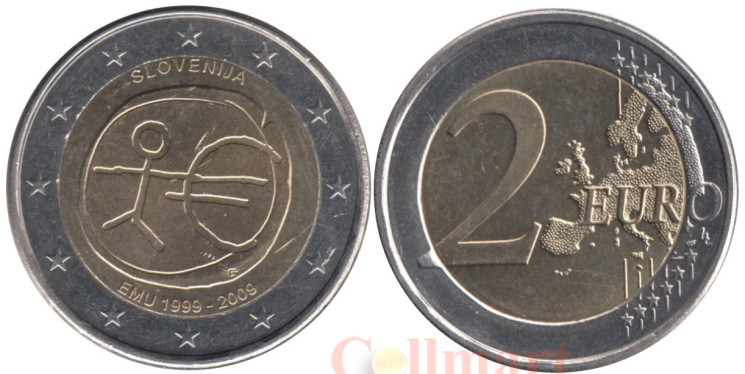  Словения. 2 евро 2009 год. 10 лет монетарной политики ЕС (EMU) и введения евро. 
