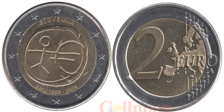  Словения. 2 евро 2009 год. 10 лет монетарной политики ЕС (EMU) и введения евро. 