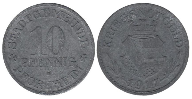  Германия. Пфорцхайм. 10 пфеннигов 1917 год. Нотгельд. 