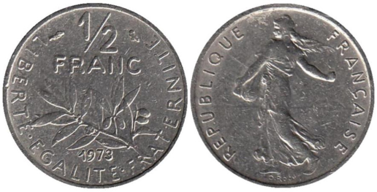  Франция. 1/2 франка 1973 год. Сеятельница. 