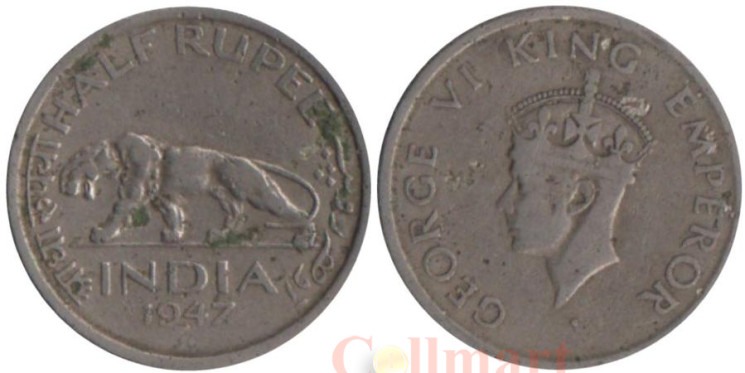  Индия (Британская). 1/2 рупии 1947 год. Тигр. (• - Бомбей)  