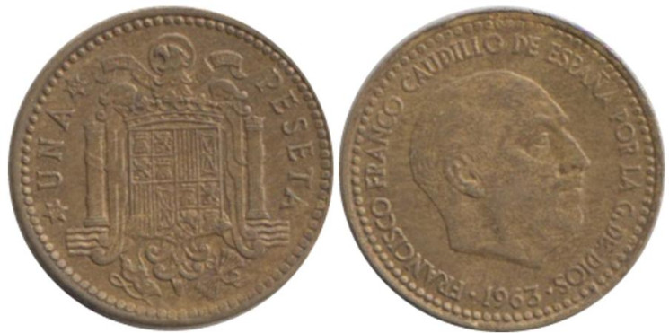  Испания. 1 песета 1963 год. Франсиско Франко. (63 внутри звезды) 