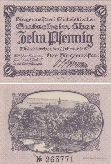  Бона. Германия. Вибельскирхен 10 пфеннигов 1920 год. Нотгельд. (XF) 