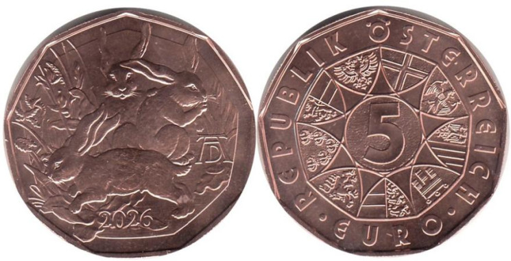  Австрия. 5 евро 2026 год. Трио зайцев Дюрера. 