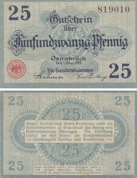  Бона. Германия. Оснабрюк 25 пфеннигов 1917 год. Нотгельд. (VF) 