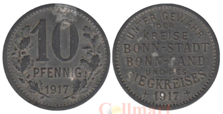  Германия. Бонн. 10 пфеннигов 1917 год. Дубовые ветки. Нотгельд. 