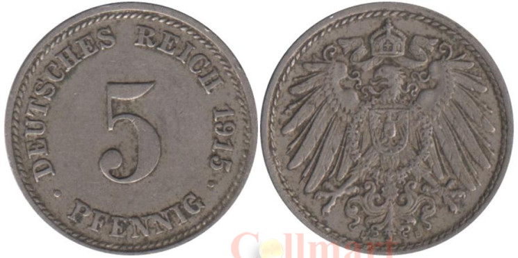 Германская империя. 5 пфеннигов 1915 год. (D) (немагнитная) 
