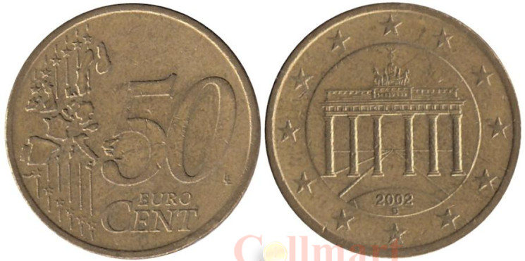  Германия. 50 евроцентов 2002 год. Бранденбургские ворота. (D) 