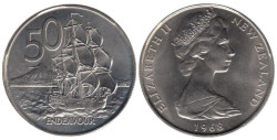 Новая Зеландия. 50 центов 1968 год. Парусник Индевор.