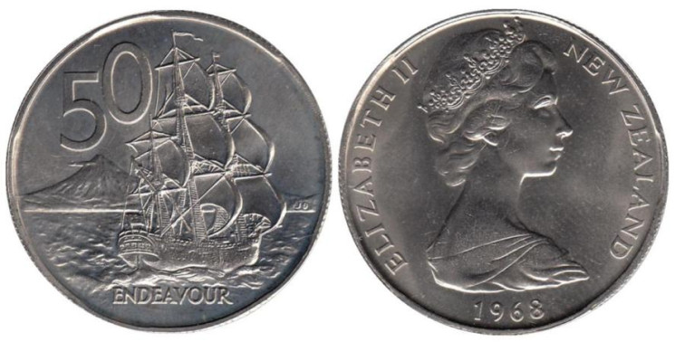  Новая Зеландия. 50 центов 1968 год. Парусник Индевор. 