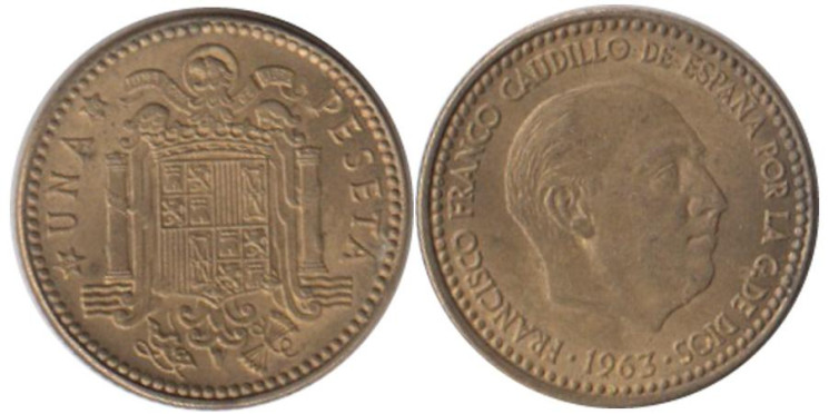 Испания. 1 песета 1963 год. Франсиско Франко. (66 внутри звезды) 