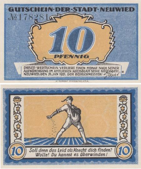 Бона. Германия. Нойвид 10 пфеннигов 1921 год. Сеятель. Нотгельд. (XF) 