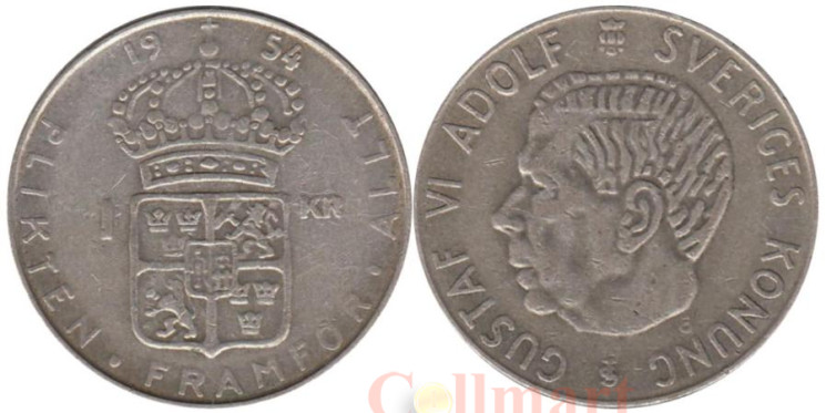  Швеция. 1 крона 1954 год. Король Густав VI Адольф. 