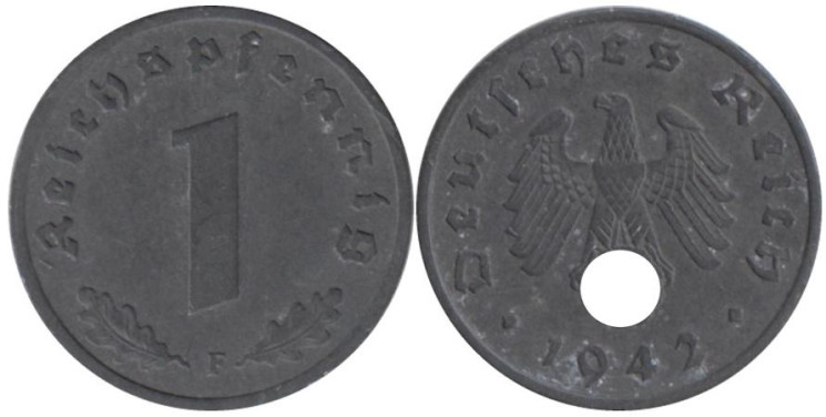  Германия - Третий рейх. 1 рейхспфенниг 1942 год. (F) 