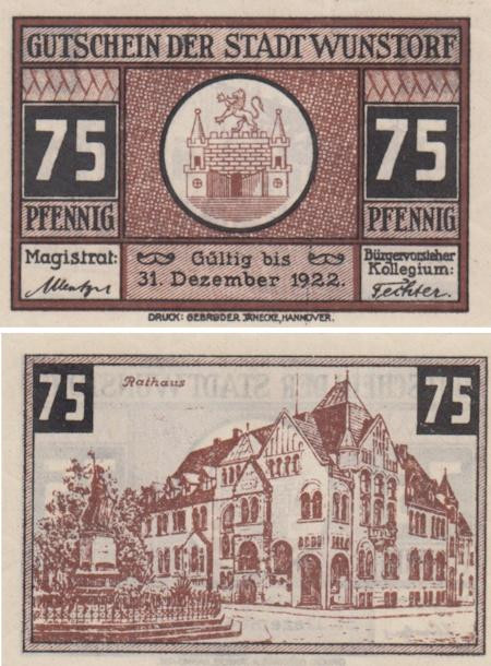  Бона. Германия. Вунсторф 75 пфеннигов 1922 год. Нотгельд. (XF) 