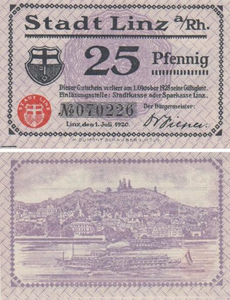  Бона. Германия. Линц-ам-Райн 25 пфеннигов 1920 год. Нотгельд. (XF) 
