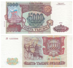 Бона. Россия 5000 рублей 1993 год. Выпуск 1994 года. Сенатская башня Кремля. (VF-XF)