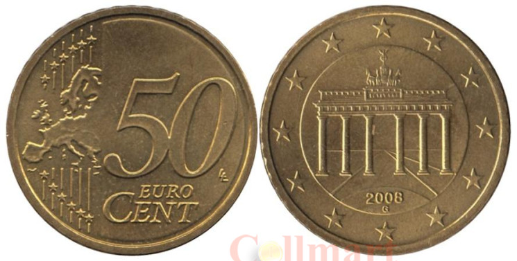  Германия. 50 евроцентов 2008 год. Бранденбургские ворота. (G) 