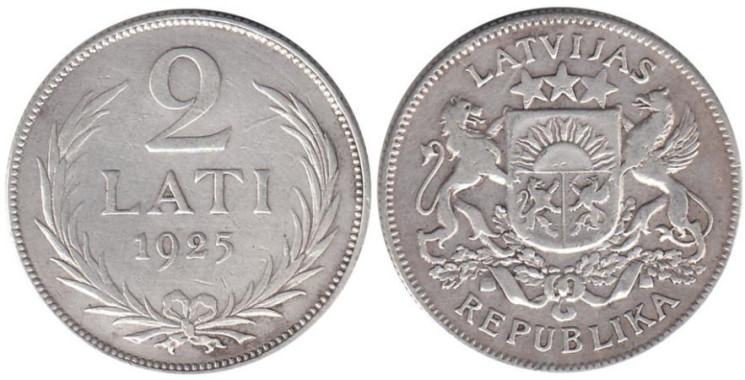  Латвия. 2 лата 1925 год. 